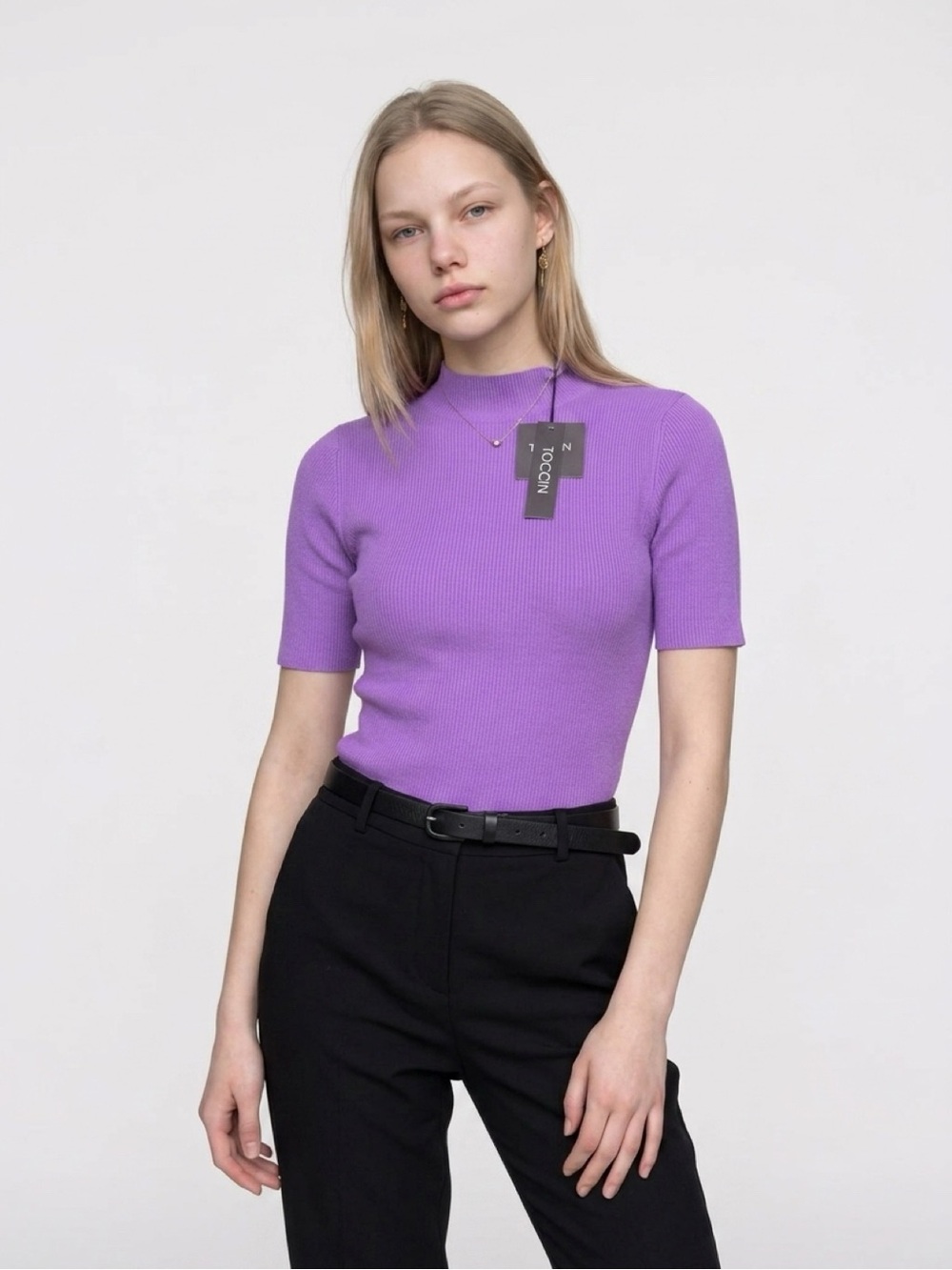 TOCCIN Purple Ribbed Short-Sleeve Bodysuit with Mock Neck 💜